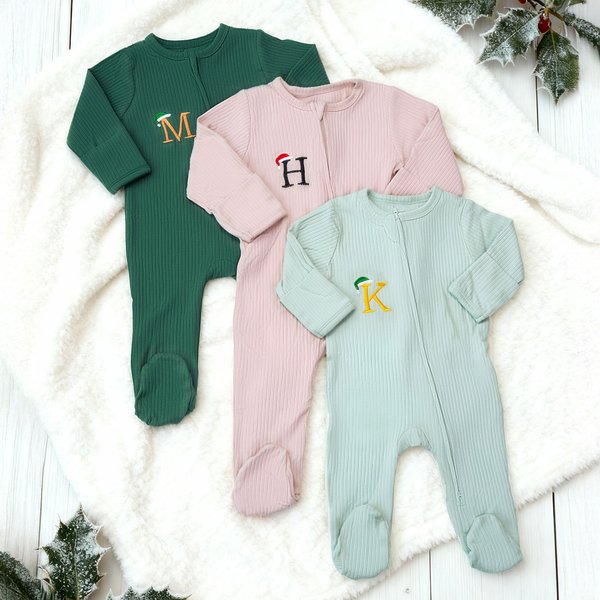 Personalised Multicolour Embroidered Santa Hat Initial 100% Cotton Baby Romper 1st Christmas Gift for Newborns Babies