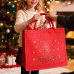 Personalised Shiny Rhinestone Snowman Reindeer Red Jute Tote Bag with Name Christmas Gift for Family Kids
