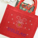 Personalised Shiny Rhinestone Snowman Reindeer Red Jute Tote Bag with Name Christmas Gift for Family Kids