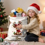 Personalized Cute Cartoon Reindeer Canvas Drawstring Gift Bag with Name Christmas Gift for Kids Family Friends