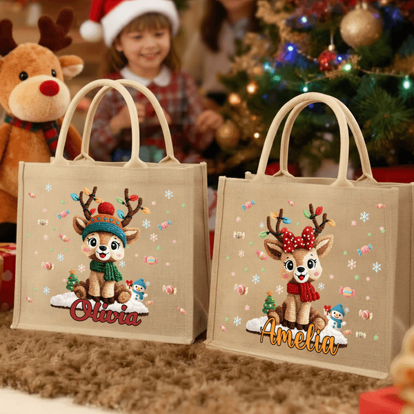 Personalized Cute Cartoon Christmas Elk Jute Tote Bag with Name Travel Accessories Christmas Gift for Children