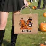 Bolso de yute personalizado con diseño de calabaza y personaje de dibujos animados con nombre e inicial regalo de Halloween para niños