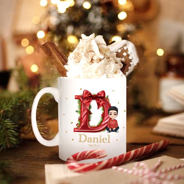 Gepersonaliseerde Cartoon Karakter 11oz Keramische Mok met Naam en Letter Kerst Verjaardag Gift voor Familie Vriend