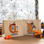 Bolso de yute personalizado con diseño de calabaza y personaje de dibujos animados con nombre e inicial regalo de Halloween para niños