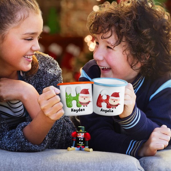 Personalized Cute Cartoon Santa Claus Snow Initial Design Multicolor 12 oz Enamel Mug with Name Daily Use Christmas Gift for Boys Girls
