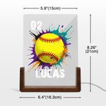 Henkilökohtainen Splatter Style Ball Design Akryyli LED-yövalo, jossa on puinen pohja ja nimi numero Desk Decor Syntymäpäivälahja urheilun ystäville