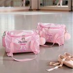Personalised Embroidered Ballet Shoes Pink Lace Duffel Bag with Name and Pink Pom Pom Charm Birthday Gift For Ballerinas Dance Lovers