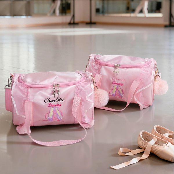 Personalised Embroidered Ballet Shoes Pink Lace Duffel Bag with Name and Pink Pom Pom Charm Birthday Gift For Ballerinas Dance Lovers