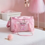 Personalised Embroidered Ballet Shoes Pink Lace Duffel Bag with Name and Pink Pom Pom Charm Birthday Gift For Ballerinas Dance Lovers