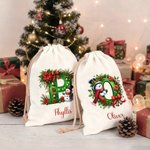 Personlig Julklockor Snögubbe Stor Canvas Presentpåse med dragsko och initialer och namn Julklapp till familj och vänner