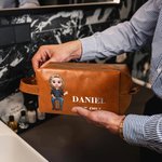 Personalizada de dibujos animados de personajes de hombre de cuero de PU neceser con nombre y texto Accesorios de viaje Cumpleaños Regalo de Navidad para el hombre Padre