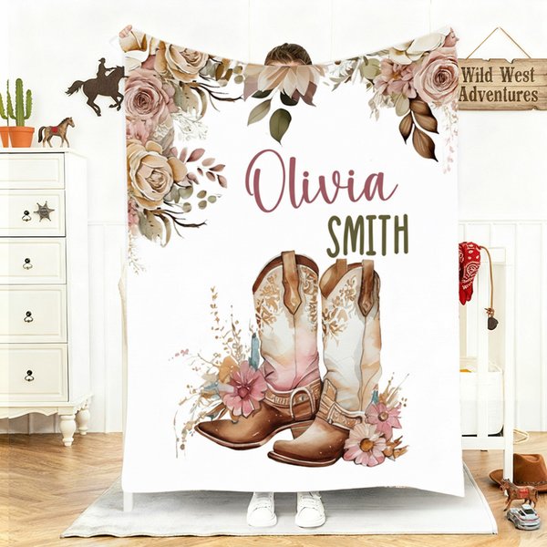 Personalized Floral Cowgirl Boots Western Soft Throw Blanket with Name Home Decor Western Nursery Birthday Gift for Cowgirls Friends