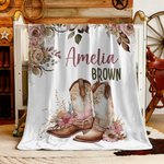 Personalized Floral Cowgirl Boots Western Soft Throw Blanket with Name Home Decor Western Nursery Birthday Gift for Cowgirls Friends