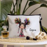 Neceser de maquillaje personalizado con chica adorable nombre y correa de muñeca imprescindible de viaje regalo de cumpleaños para mujeres