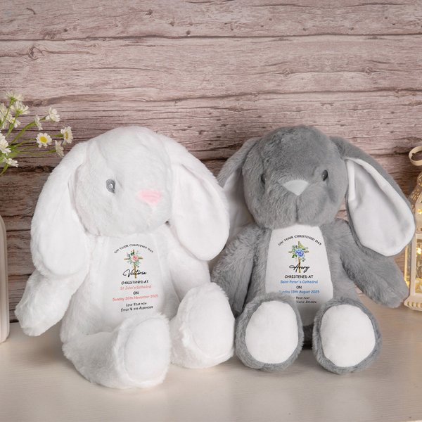 Personalized Cute Floral Cross Peter Rabbit Plush Stuffed Animal Toy with Name and Date Baby Shower Baptism Birthday Gift for Kids