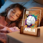 Henkilökohtainen Splatter Style Ball Design Akryyli LED-yövalo, jossa on puinen pohja ja nimi numero Desk Decor Syntymäpäivälahja urheilun ystäville