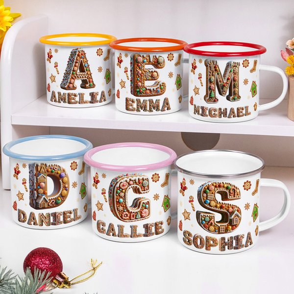 Personalized Gingerbread Sweets Initial 12 oz Enamel Mug with Name Daily Use Christmas Gift for Kid Family