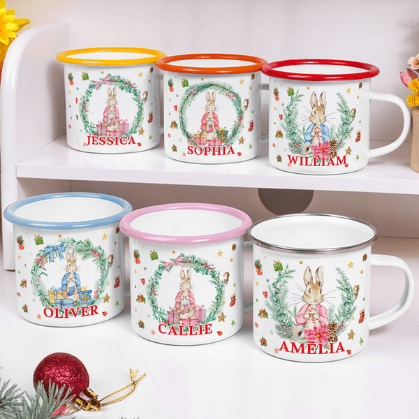 Personalized Cartoon Peter Rabbit 12 oz Coloured Rim Enamel Mug with Name Christmas Gift for Family Kids