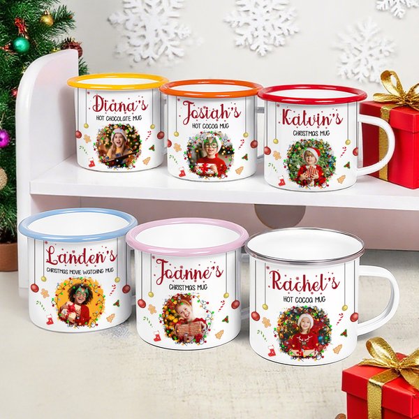 Personalized Coloured Light Christmas Element 12 oz Photo Enamel Mug with Name and Title Christmas Gift for Kids Family Friends