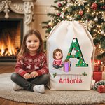 Bolsa de regalo personalizada de cordón con personaje de dibujos animados inicial y nombre regalo de Navidad para niños y familia