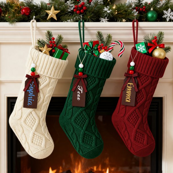 Gepersonaliseerde Grote Capaciteit Hangende Kerstsok met Houten Naamlabel Kerstdecoratie en Woondecoratie Kerstcadeau voor Familie