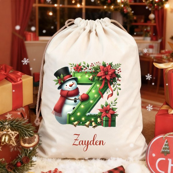 Personlig Julklockor Snögubbe Stor Canvas Presentpåse med dragsko och initialer och namn Julklapp till familj och vänner