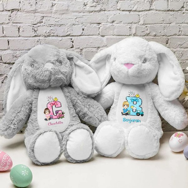 Personalisierte Cartoon Charakter Bow Initial niedlichen Osterhasen Plüsch Plüschtier Spielzeug mit Namen Ostern Geburtstag Geschenk für Jungen Mädchen