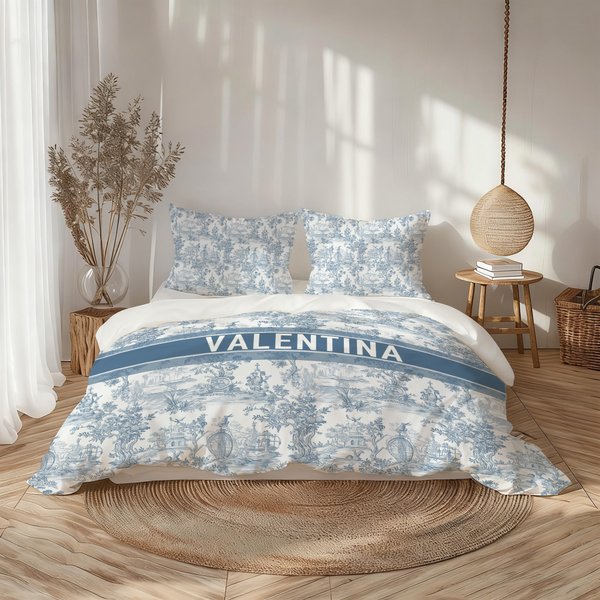 Personalised Toile De Jouy Soft Duvet Cover and 2 Pillow Covers Bedding Set with Letter and Name Home Decor Birthday Gift for Family