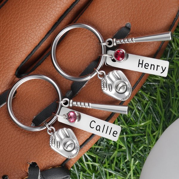 Personalized Birthstone Softball Baseball Bat Glove Keychain with Engraved Name Game Day Team Birthday Gift for Sports Lover