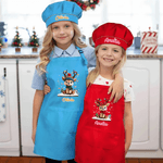 Personalised Cute Christmas Reindeer Adjustable Kid Apron Chef Hat Set with Name and Pocket Cooking Christmas Gift for Boys Girls