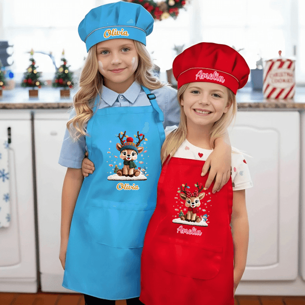 Personalised Cute Christmas Reindeer Adjustable Kid Apron Chef Hat Set with Name and Pocket Cooking Christmas Gift for Boys Girls