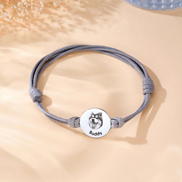 Bracciale regolabile personalizzato con incisione del volto del tuo animale domestico, nome e testo - Regalo commemorativo per amanti degli animali