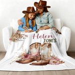 Personalized Floral Cowgirl Boots Western Soft Throw Blanket with Name Home Decor Western Nursery Birthday Gift for Cowgirls Friends