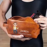 Personalizada de dibujos animados de personajes de hombre de cuero de PU neceser con nombre y texto Accesorios de viaje Cumpleaños Regalo de Navidad para el hombre Padre