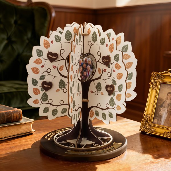 Árbol genealógico de madera personalizado Calendario de cumpleaños Ornamento con foto y nombres de texto Decoración del hogar Regalo de Navidad para la familia