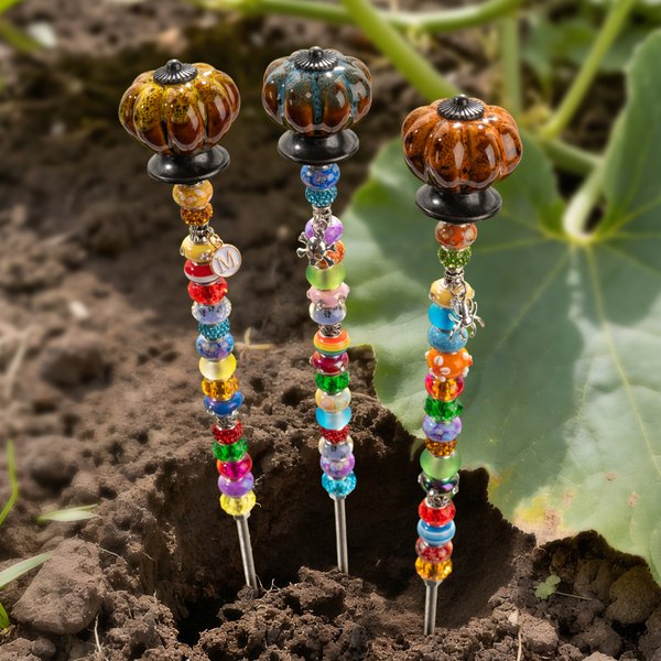 Personalised Pumpkin Topper Beads Ceramic Garden Stake with Charm Garden Decor Halloween Gift for Women Gardeners