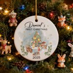 Personalised Cute Christmas Tree Cartoon Animals Ceramic Christmas Ornament with Name First Second Christmas Decor Gift for Baby Kids
