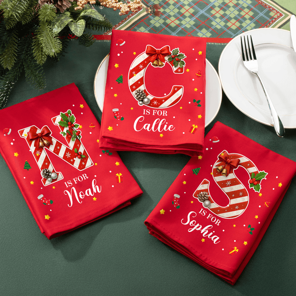 Personalized Candy Cane Initial 100% Cotton Red Napkin with Name Party Table Decor Christmas Gift for Family Friends