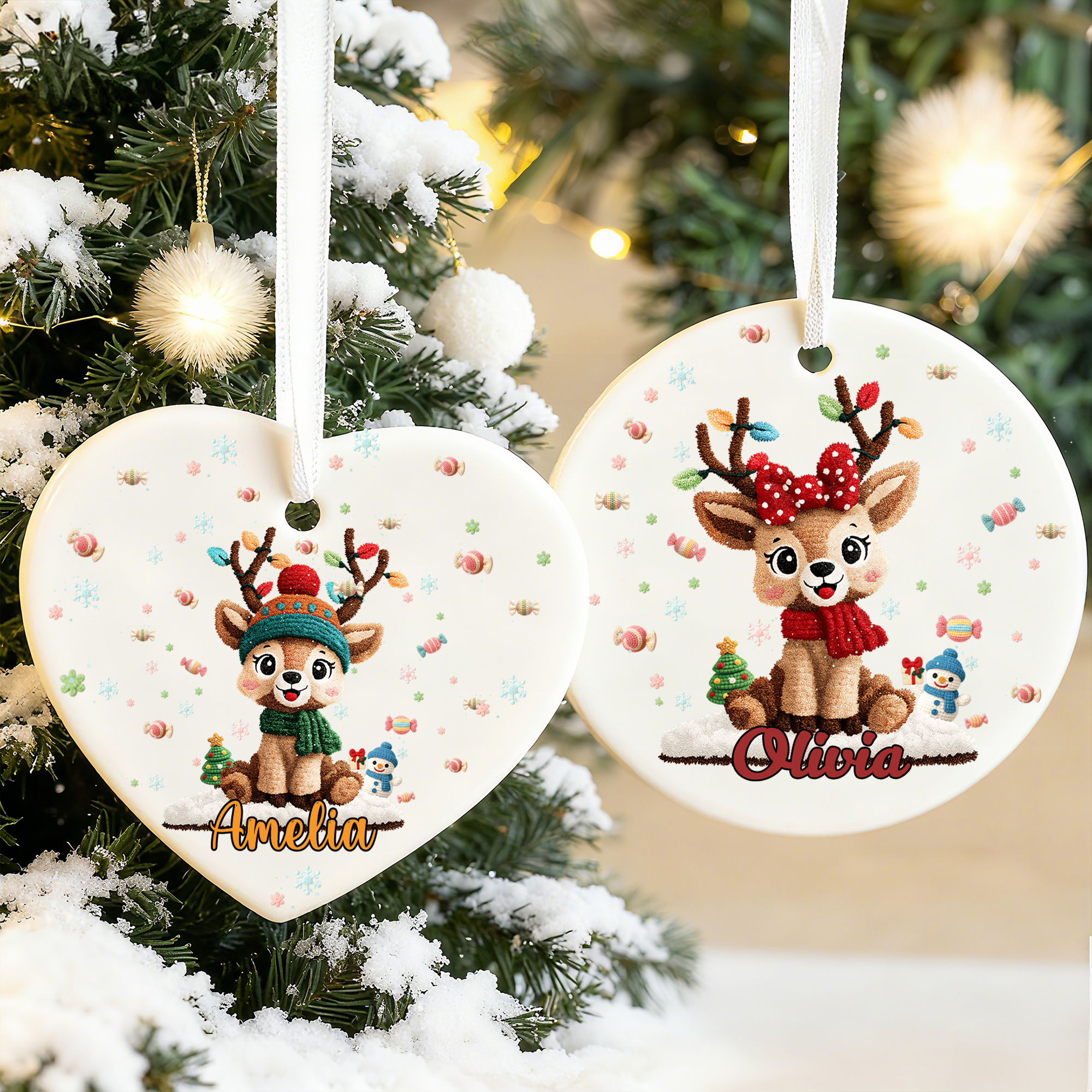 Personalisierte Weihnachten Elch Herz Runde Keramik Ornament mit Namen Baumschmuck Weihnachtsgeschenk für Familie Freunde