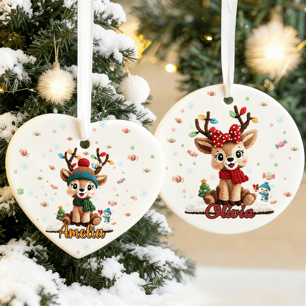 Personalized Christmas Elk Heart Round Ceramic Ornament with Name Tree Decor Christmas Gift for Family Friends