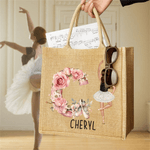 Personifierad tecknad balettflicka Jute Tote Bag med initialer och namn Reseaccessoarer Födelsedag Julklapp för balettälskare