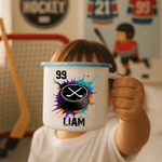 Personalized Splatter-Style Ball Elements 12 oz Enamel Mug with Name and Number Christmas Birthday Gift for Boys Girls