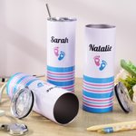 Bicchiere isolato da 20 oz con nome e paglia con impronta di fiocco e impronta di piede, regalo di Natale per infermiere di terapia intensiva neonatale con stampa della coperta del bambino