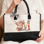 Personalised Flower Highland Cow Large Canvas Tote Bag with Name and Ribbon Travel Essentials Birthday Mother's Day Gift for Mon Grandma Women