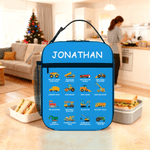 Personalizzato camion da costruzione escavatore Bulldozer Borsa da pranzo isolata con nome Picnic portatile Regalo di ritorno a scuola per i ragazzi amanti dei camion