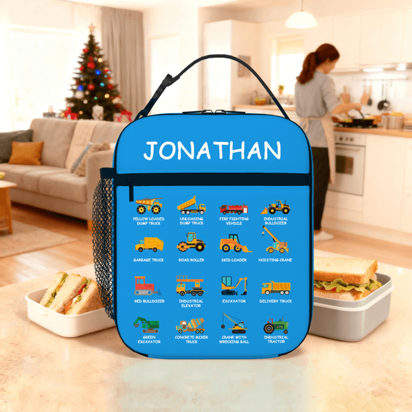 Personalizzato camion da costruzione escavatore Bulldozer Borsa da pranzo isolata con nome Picnic portatile Regalo di ritorno a scuola per i ragazzi amanti dei camion