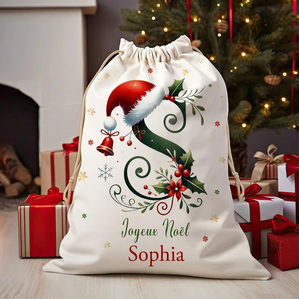 Sac Cadeau en Toile Personnalisé avec Nom et Texte Style de Bonnet de Père Noël  Cadeau de Noël pour la Famille et les Enfants