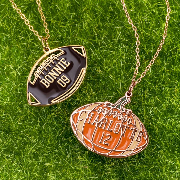 Personalised Pumpkin Football Necklace with Name and Number Dainty Jewellery Thanksgiving Day Game Day Gift for Football Player Lover