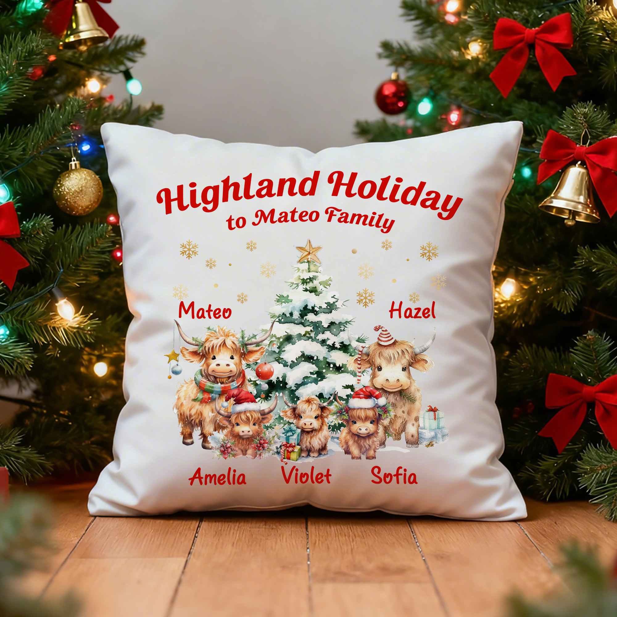 Personalisierte Hochlandkuh Familie Schneeflocke weichen Wurf Kissenbezug mit Namen Home Decor Weihnachtsgeschenk für Familie Hochland Kuh Liebhaber