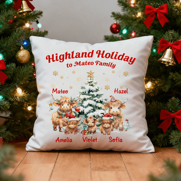 Vaca Highland Personalizada Funda de Almohada Suave de Copo de Nieve con Nombre Decoración del Hogar Regalo de Navidad para Amantes de la Familia de Vacas Highland